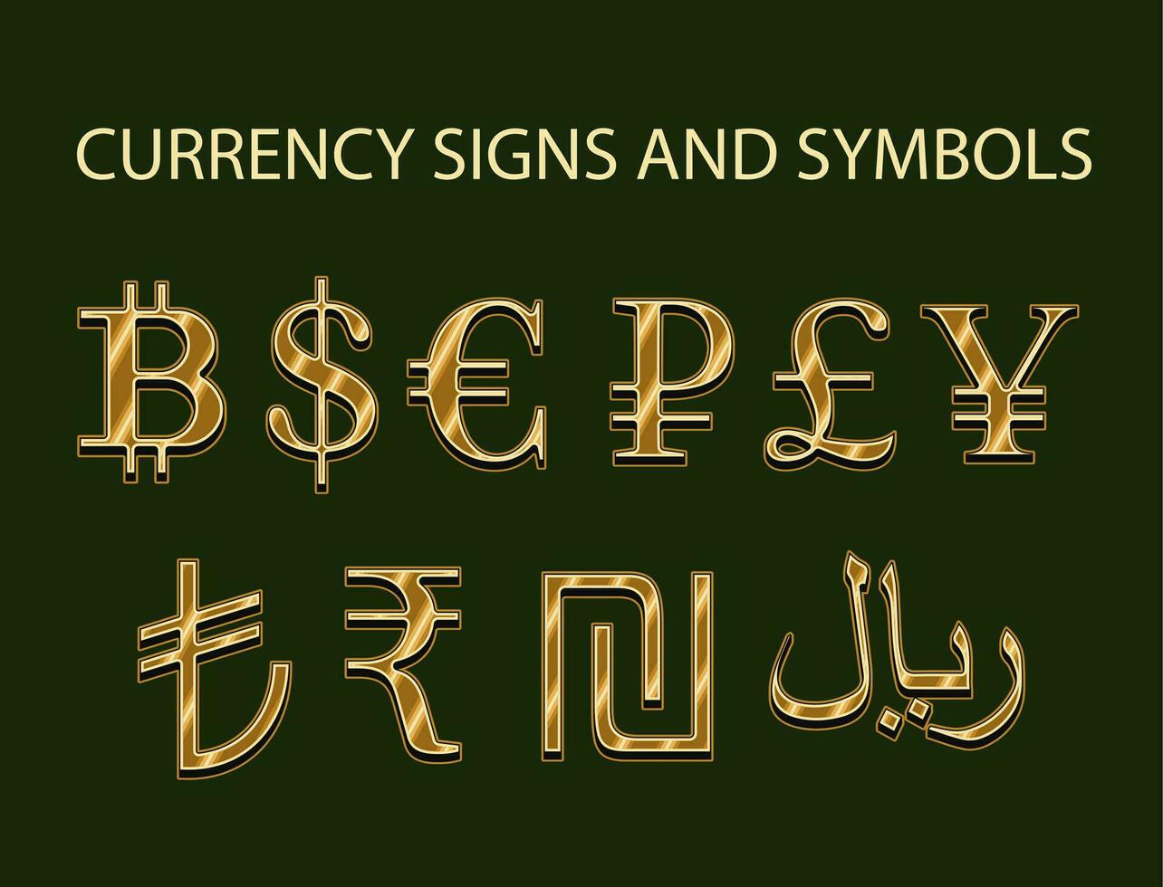 Set with gold symbols, signs of currencies. vector