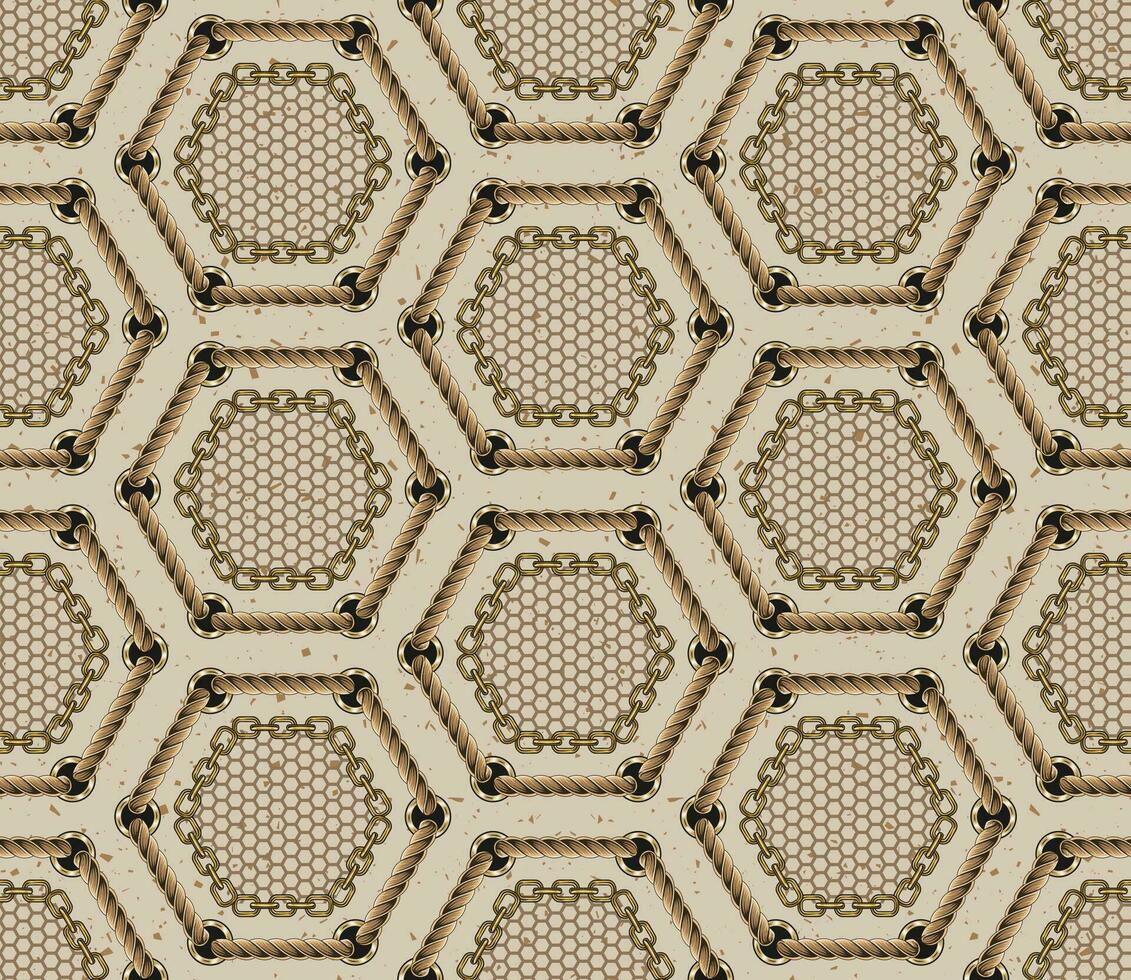 Hexagonal pattern with rope lacing, chains, hexagon net on beige textured background. Vintage style. vector