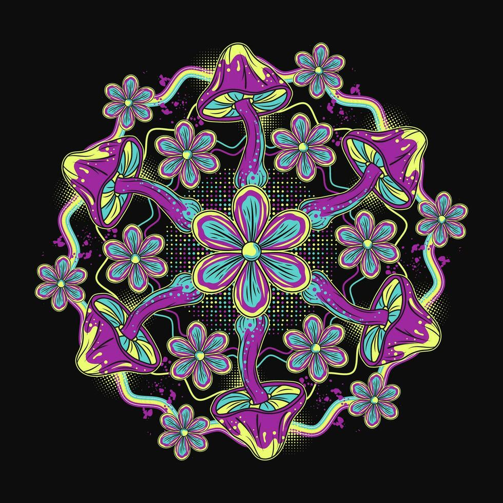 Circular pattern with fantasy mushrooms, chamomile vector