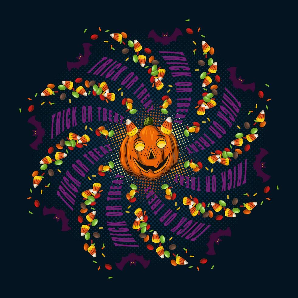 Round halloween illustration with candy, pumpkin vector