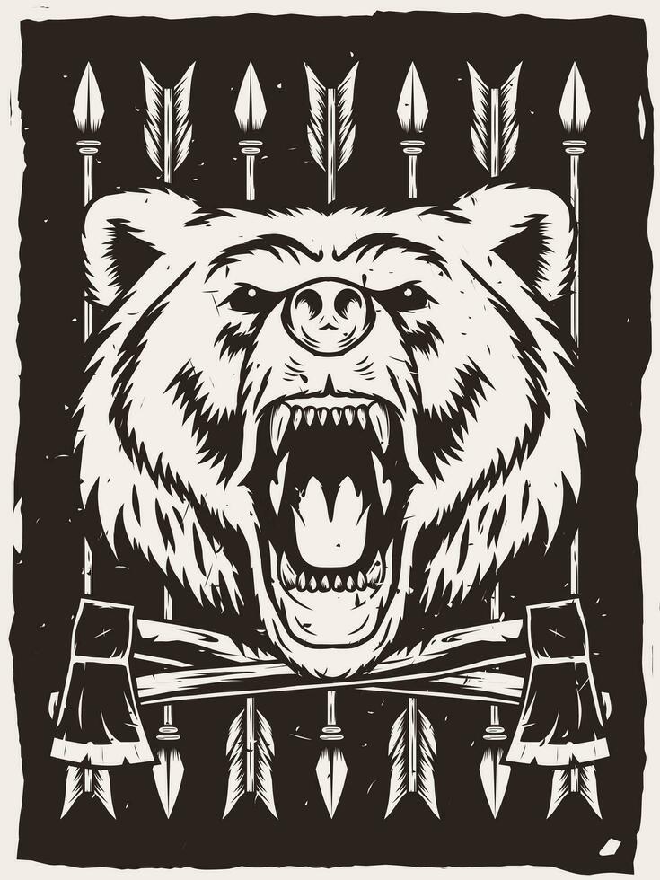 wildlife poster with bear head and cross axe vector