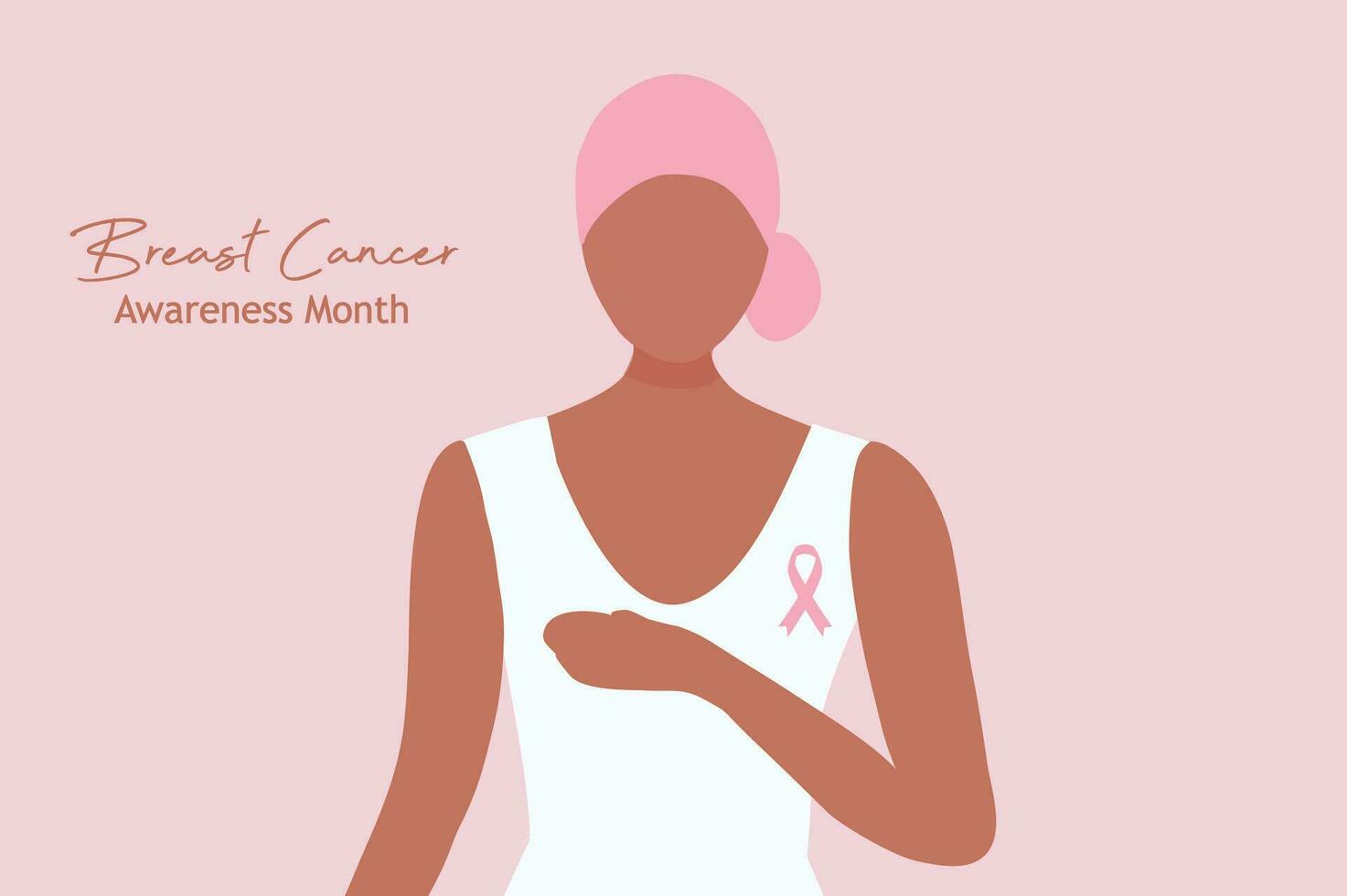 Concientización sobre el cáncer de mama por amor y apoyo. hermosas mujeres jóvenes tocando su pecho con la ilustración de vector de broche de cinta rosa. fondo del concepto de cáncer de mama