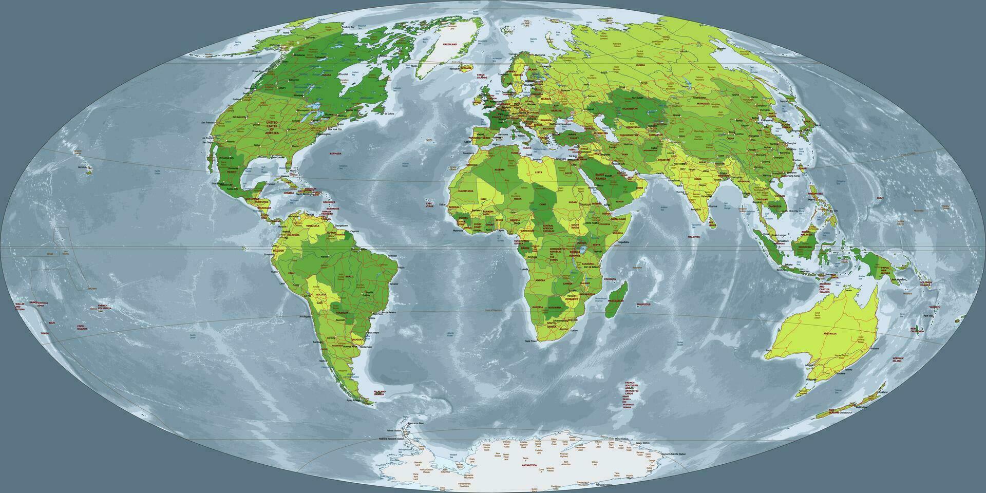 detallado político mundo mapa aitoff proyección vector