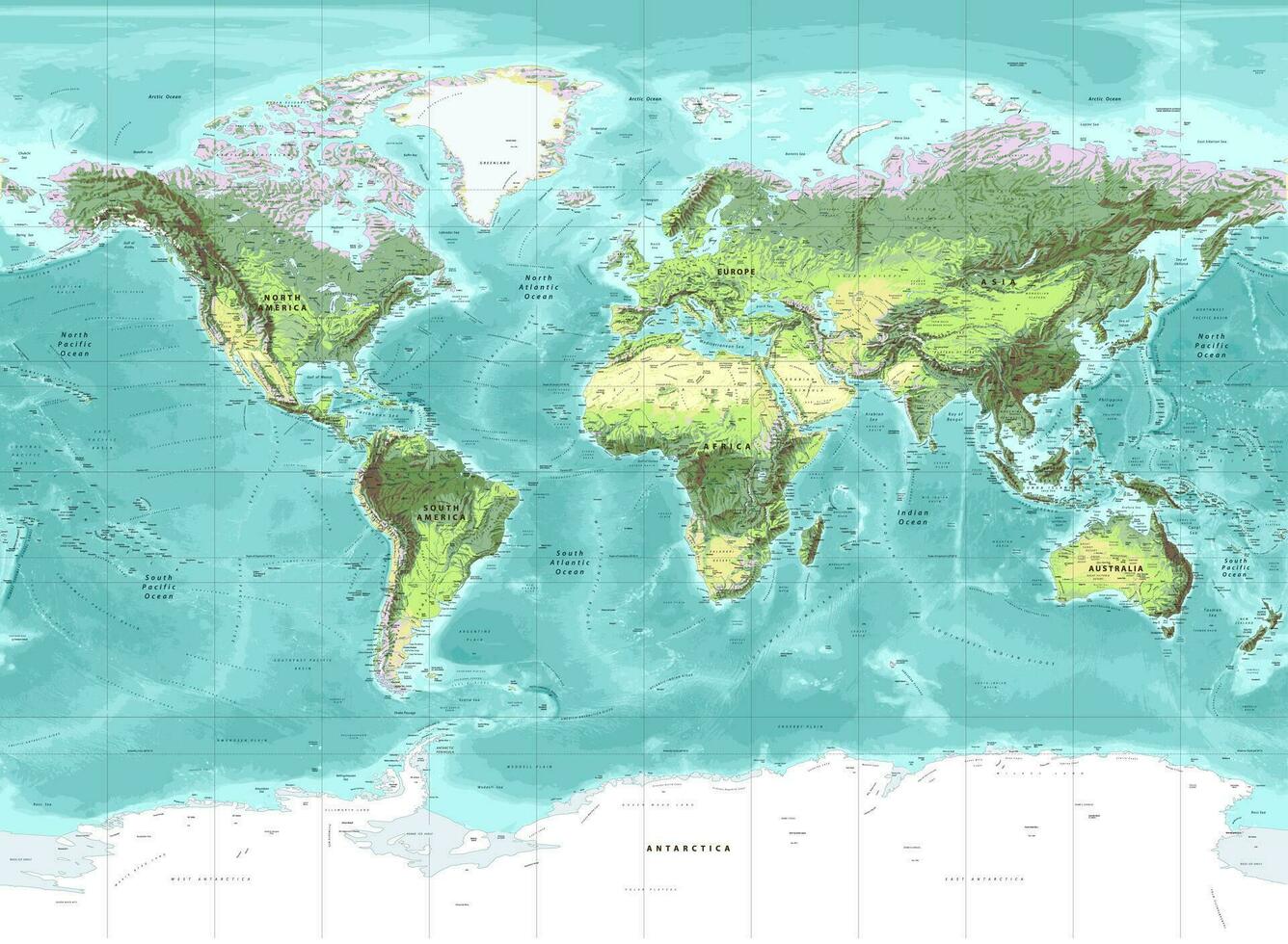 detallado físico mundo mapa molinero proyección vector