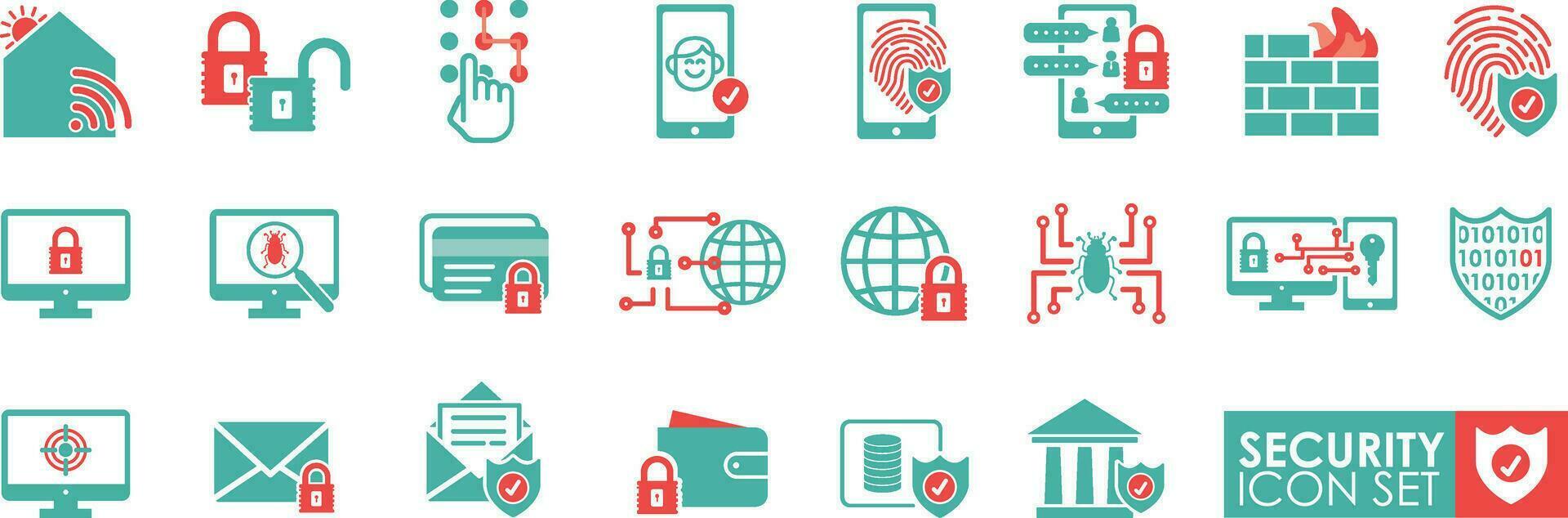 A solid collection of Security icons set. Containing performance, mobile security, cyber security, protection, keylock, and unlock. vector