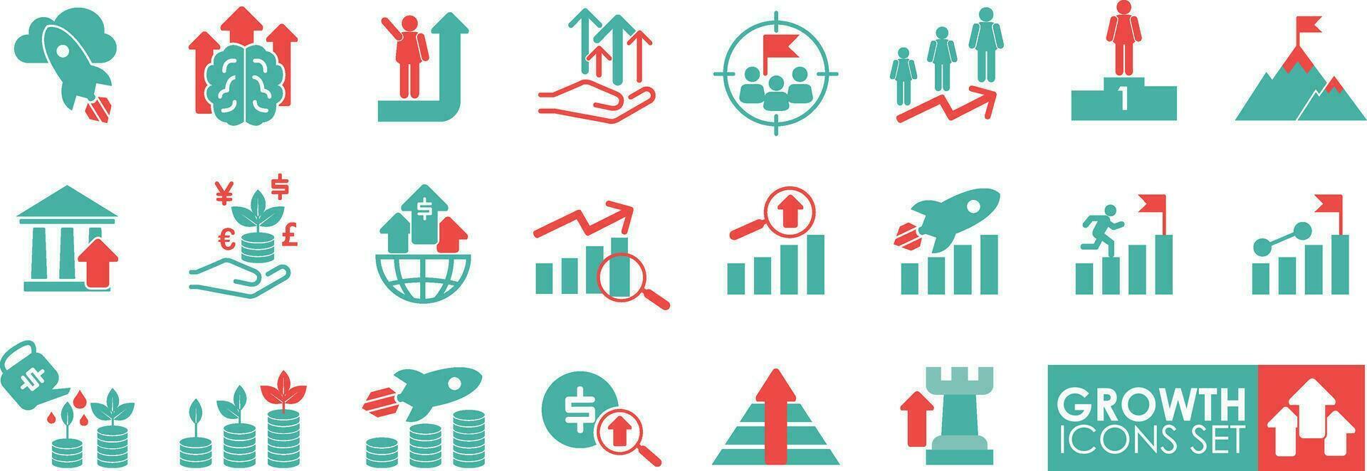 A solid collection of Growth icon set. Vector illustration. Containing performance, increase, evolution, gain, improvement, grow, chart, and development icons.