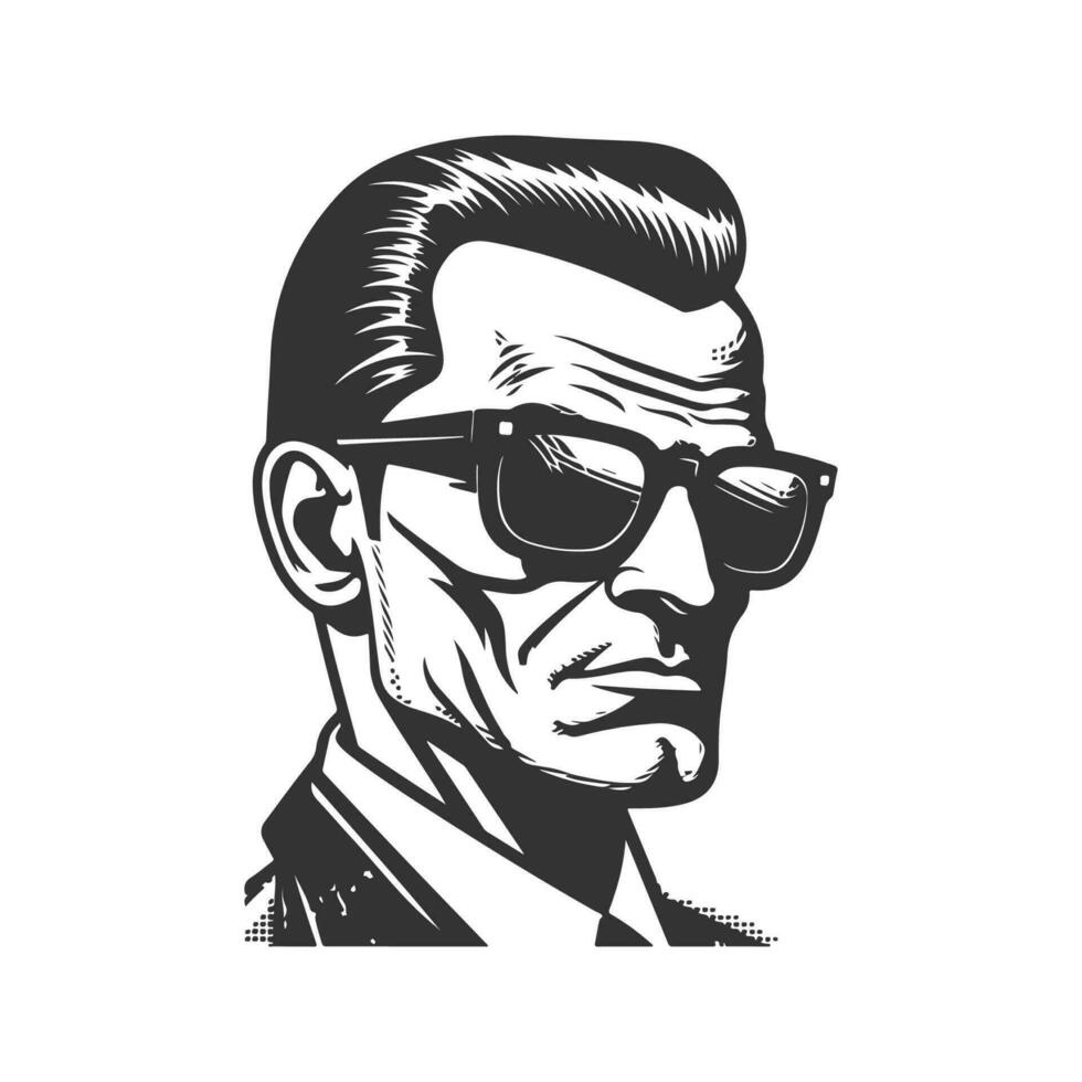 agony cleaver wearing sunglasses, vintage logo line art concept black and white color, hand drawn illustration vector