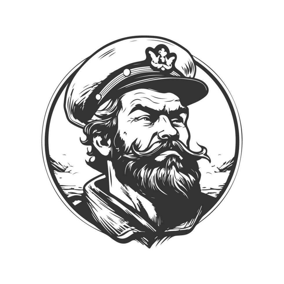 adventurous captain depressed, vintage logo line art concept black and white color, hand drawn illustration vector