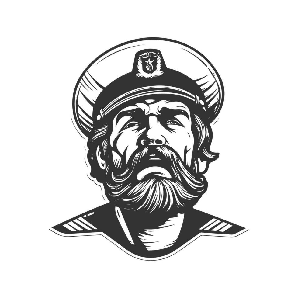 adventurous captain depressed, vintage logo line art concept black and white color, hand drawn illustration vector