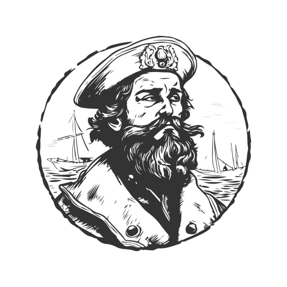 adventurous captain depressed, vintage logo line art concept black and white color, hand drawn illustration vector