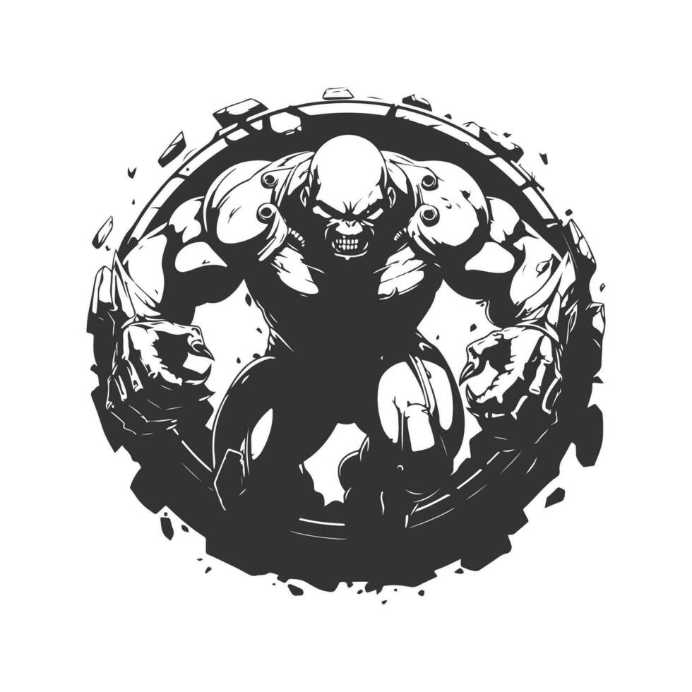 dimensional rogue berserker, vintage logo line art concept black and white color, hand drawn illustration vector