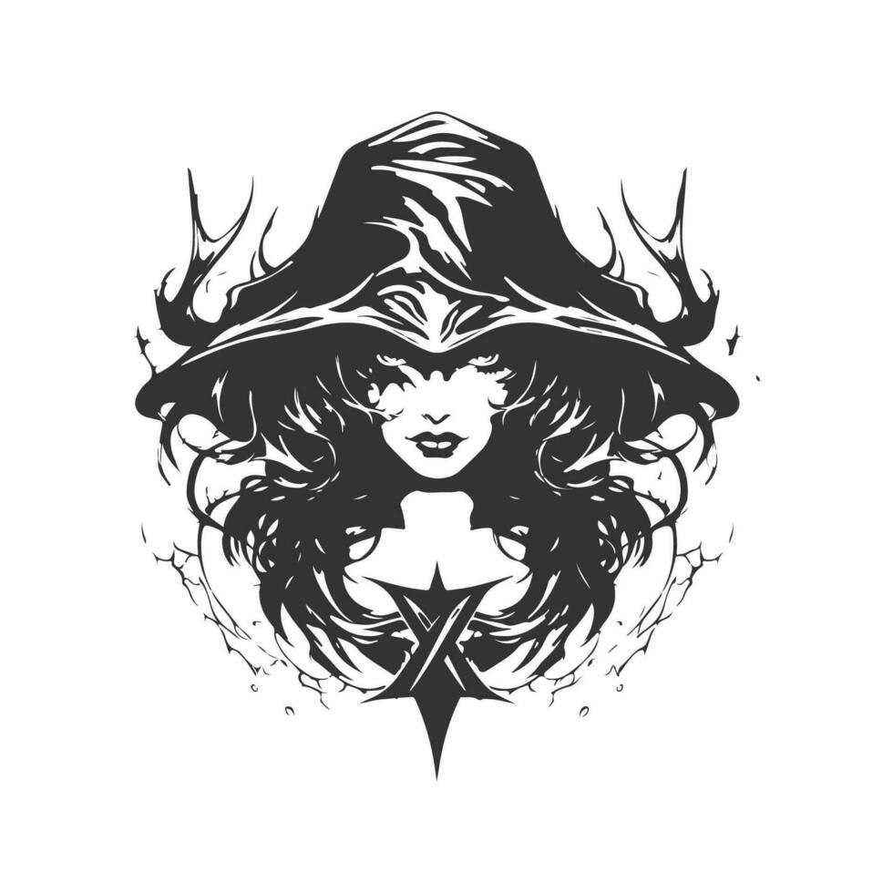 xenoavenger witch, vintage logo line art concept black and white color, hand drawn illustration vector