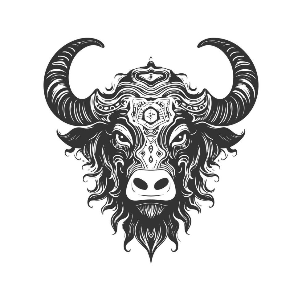 yak tribal, Clásico logo línea Arte concepto negro y blanco color, mano dibujado ilustración vector