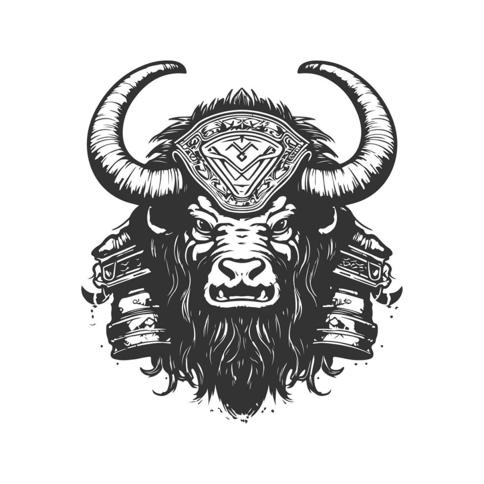 yak warrior, vintage logo line art concept black and white color, hand drawn illustration vector