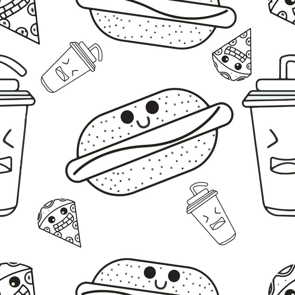 negro y blanco linda hamburguesa Coca sin costura modelo. rápido comida antecedentes. kawaii vector