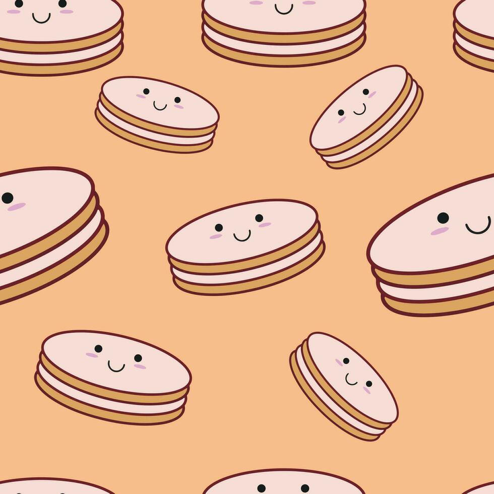 Cute kawaii cookies hand drawn seamless pattern. Sweet biscuits background. Vector cartoon isolated illustration on peach background.