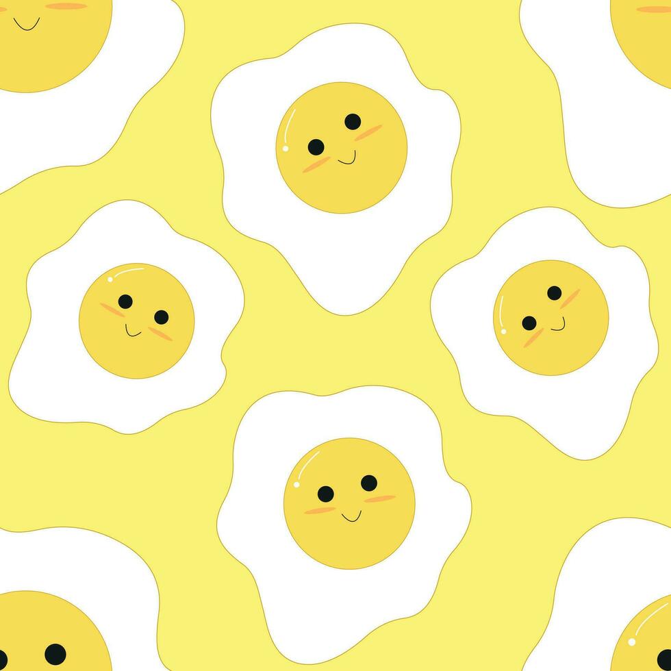 Cute kawaii Fried Eggs seamless pattern on yellow backgroud. Scrambled eggs, omelet eggs. Breakfast Background, Cartoon Illustration vector