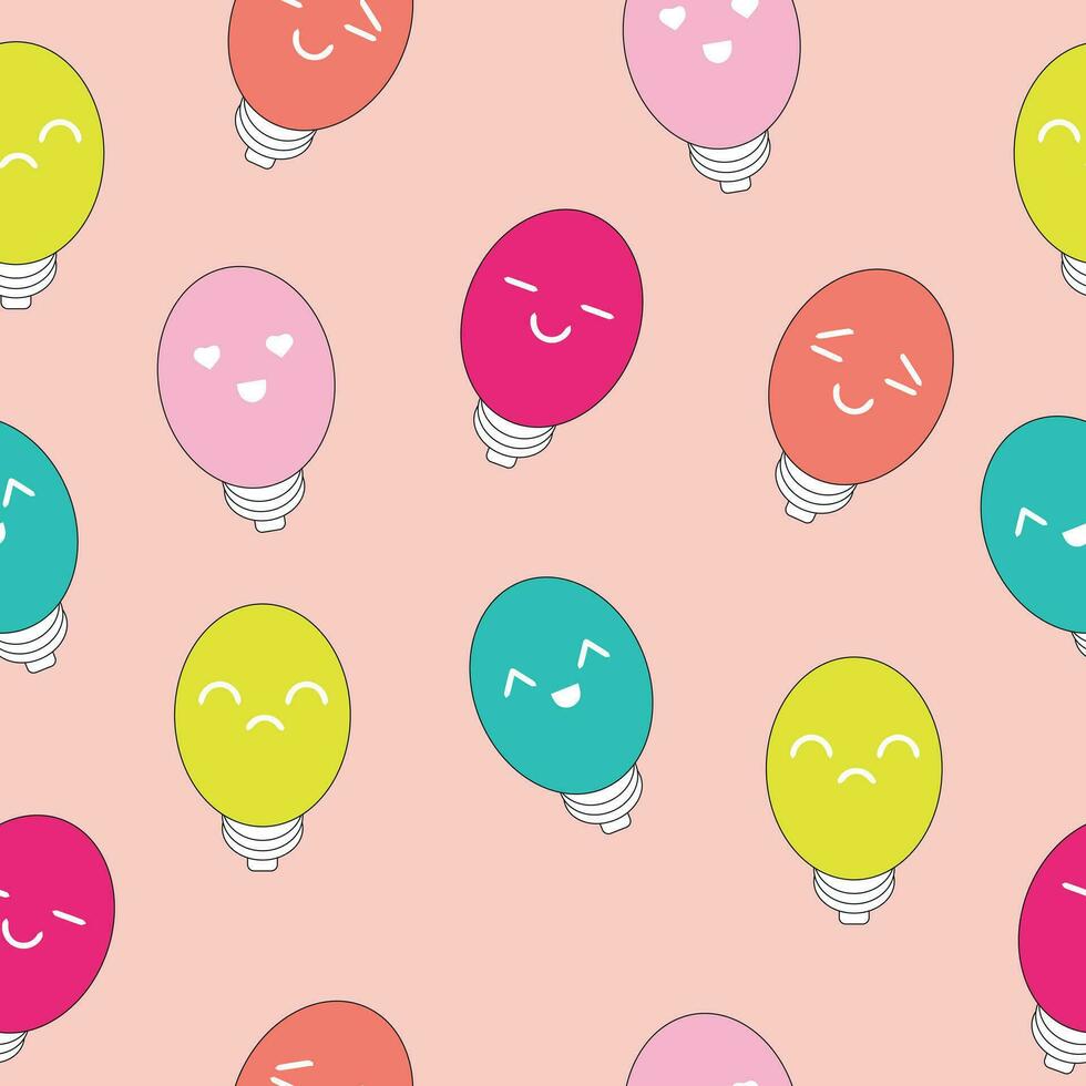 Super cute seamless pattern with happy Light Bulb illustration. Fun texture about Idea with cartoon Bulb. vector