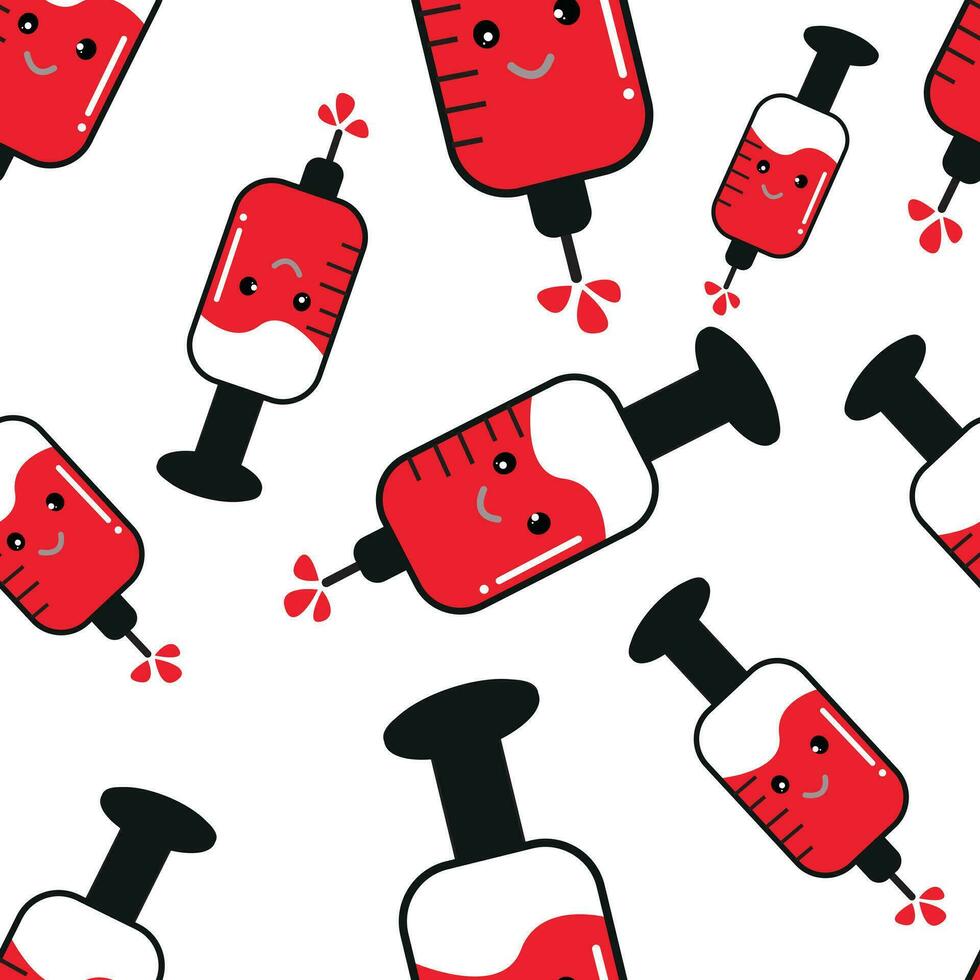 Cute syringe injection seamless pattern. Background. Medical instrument in childish style isolated on white background. Medicine or vaccination theme for kids. Vector illustration. Kawaii style