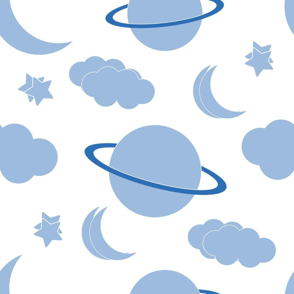 Cute hand drawn pastel space  with planets, stars, moon, clouds seamless pattern. Doodle. Astronomical. vector