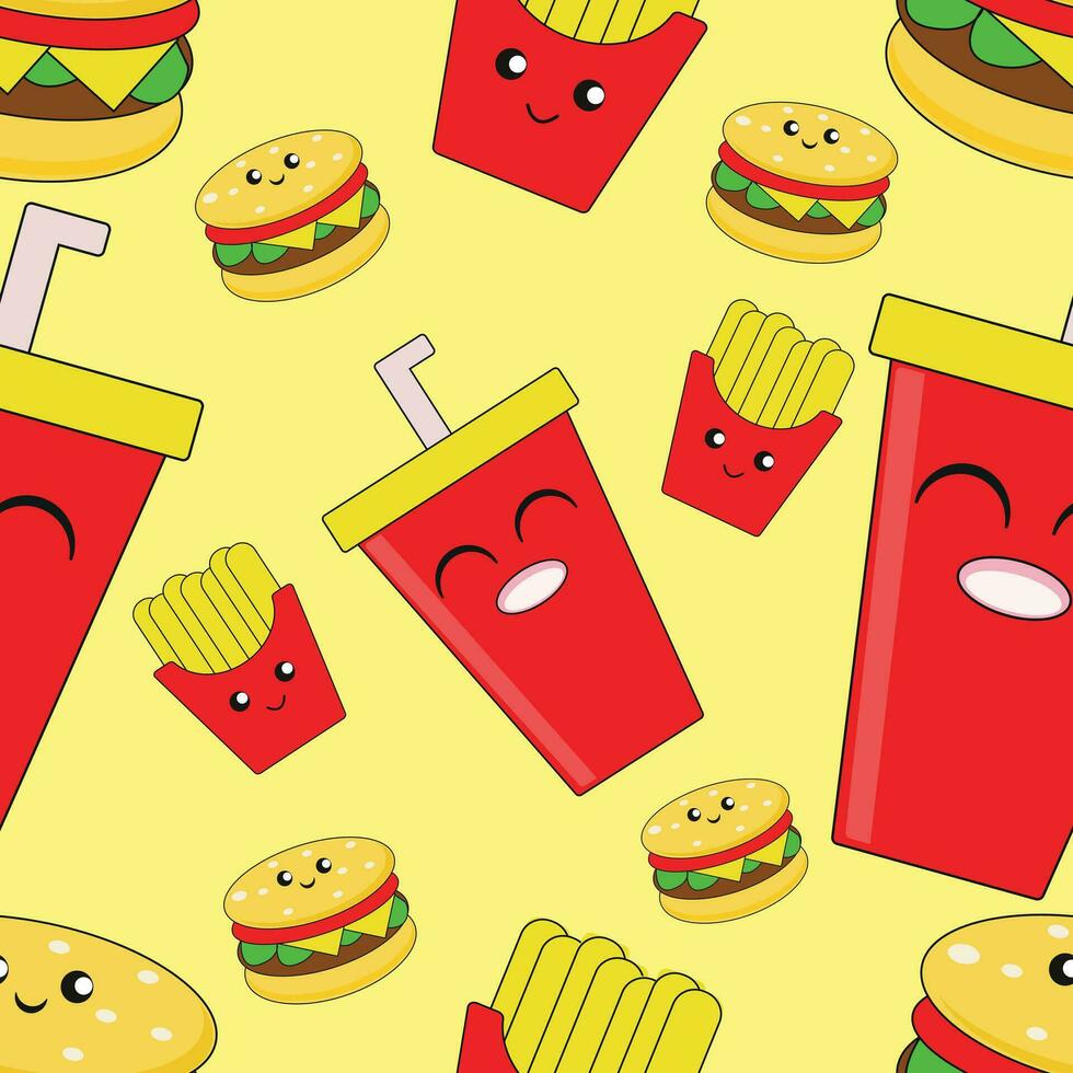 Cute burger coke seamless pattern. Fast food background. Kawaii vector