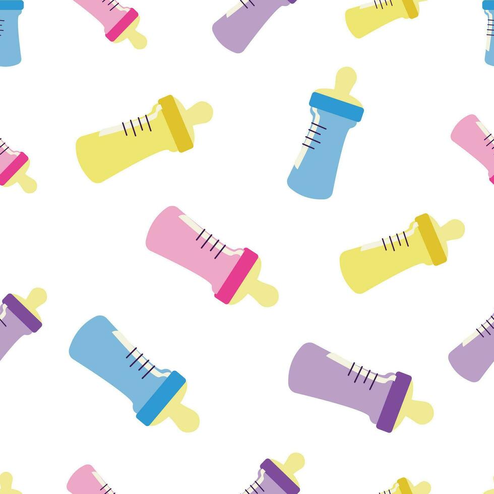 Baby bottles hand drawn seamless pattern on white background. Colorful decorative wallpaper. Cute childish bottles. Good for printing. to print on t-shirt, one piece body gift for kids. vector