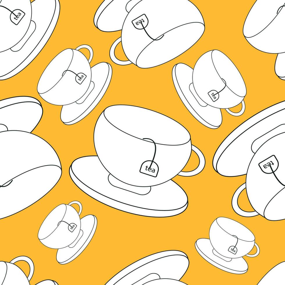 Cute teacups seamless pattern on yellow background. vector