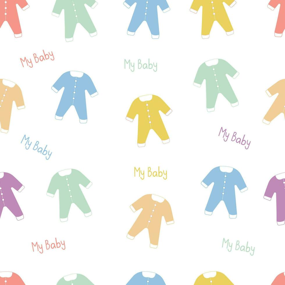 Cute seamless pattern of colorful baby or children's clothes on white  background. Infant vector clothes. Clothing infant baby dress and suit illustration.