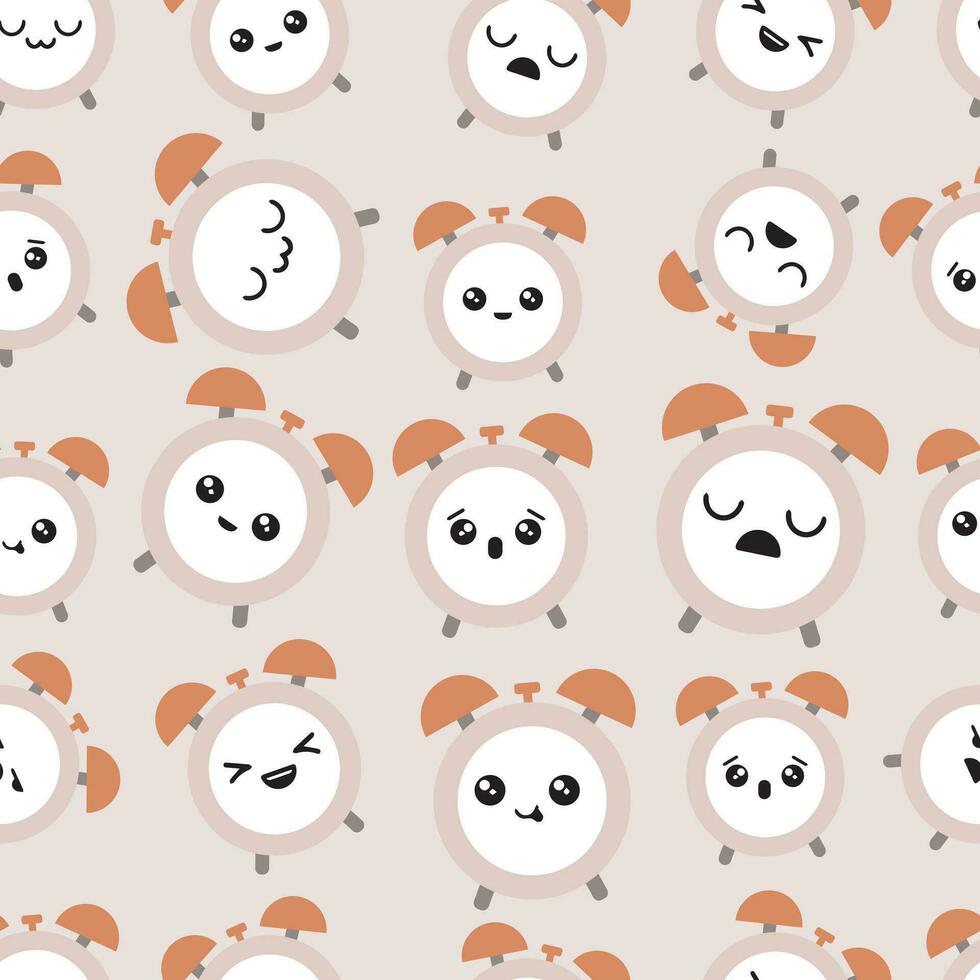 Super cute seamless pattern with happy Clocks illustration. Fun texture about Time with cartoon Alarm Clocks. vector