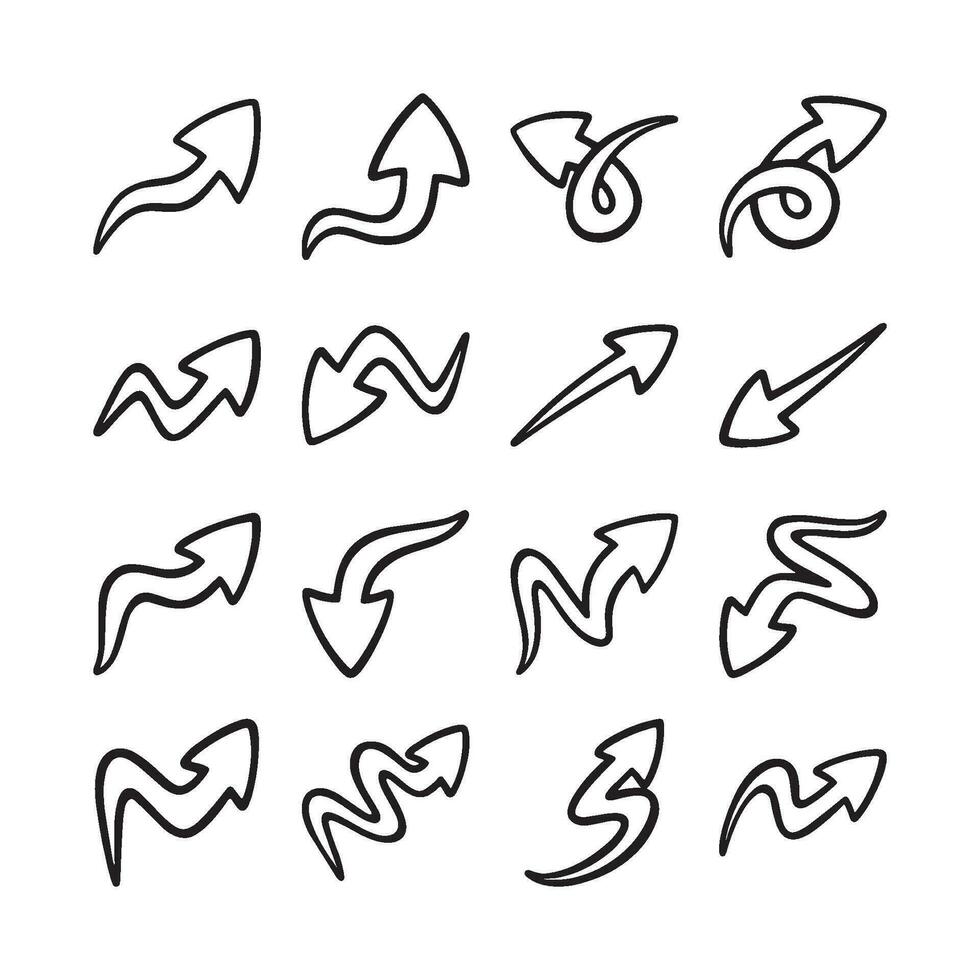 Conjunto de garabatos de flecha dibujados a mano sobre fondo blanco. vector