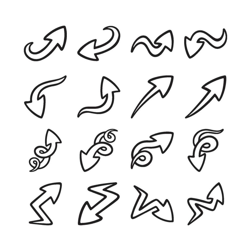 Conjunto de garabatos de flecha dibujados a mano sobre fondo blanco. vector