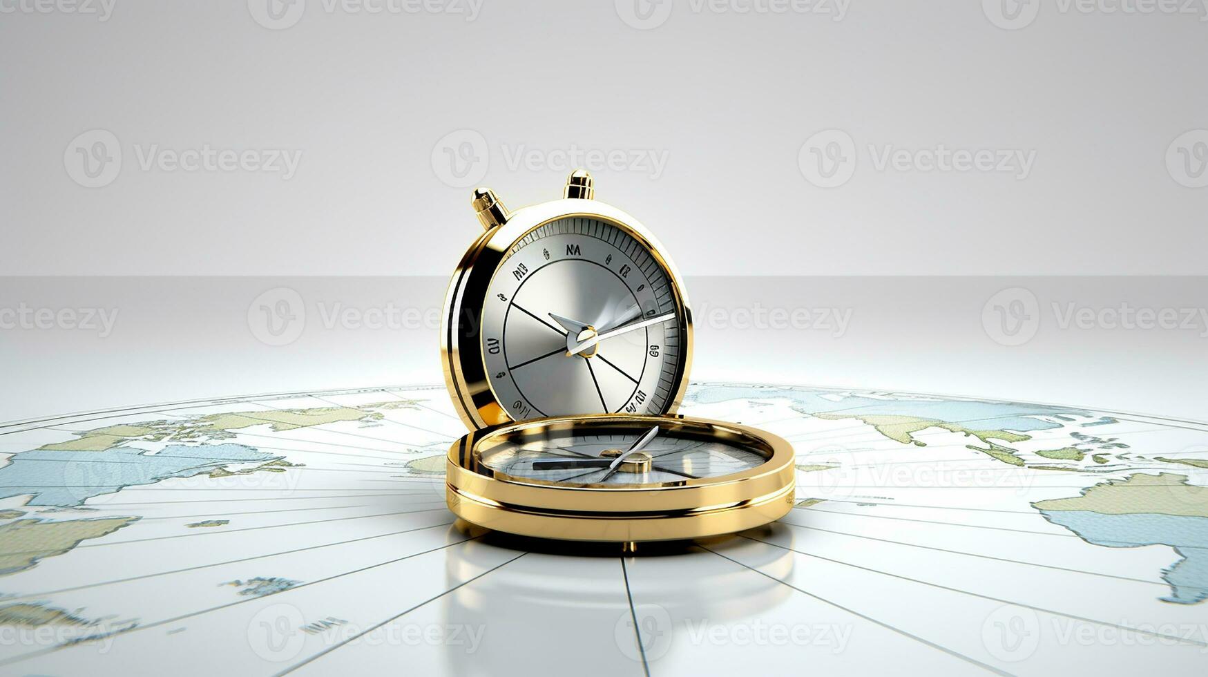 a gold compass on top of a world map AI Generative photo