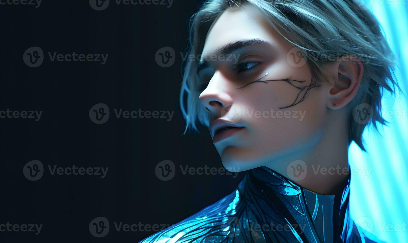 a man with blue skin and hair in a futuristic setting Ai generative photo