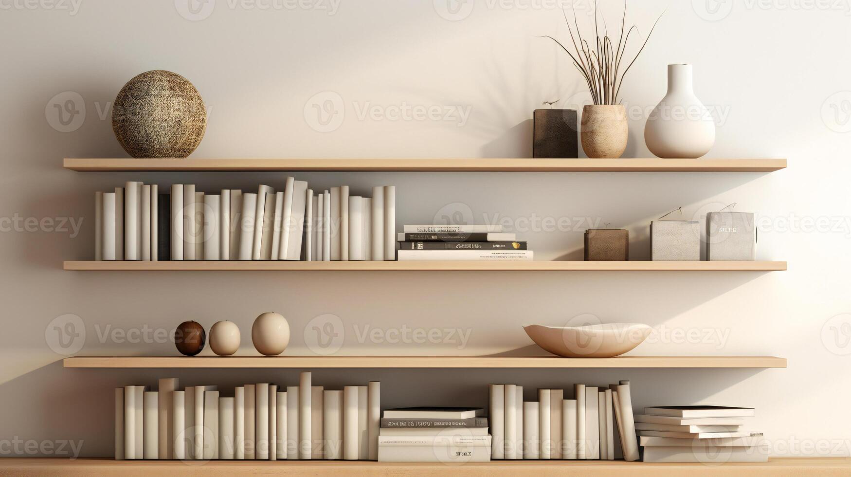A book shelf with books on the shelves and a plant on the shelf A framed art print hangs on a white wall above a couch photo