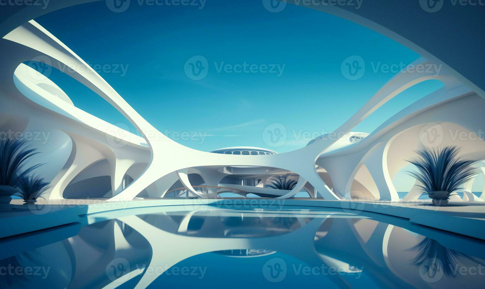 a futuristic house with a pool and palm trees AI Generative photo