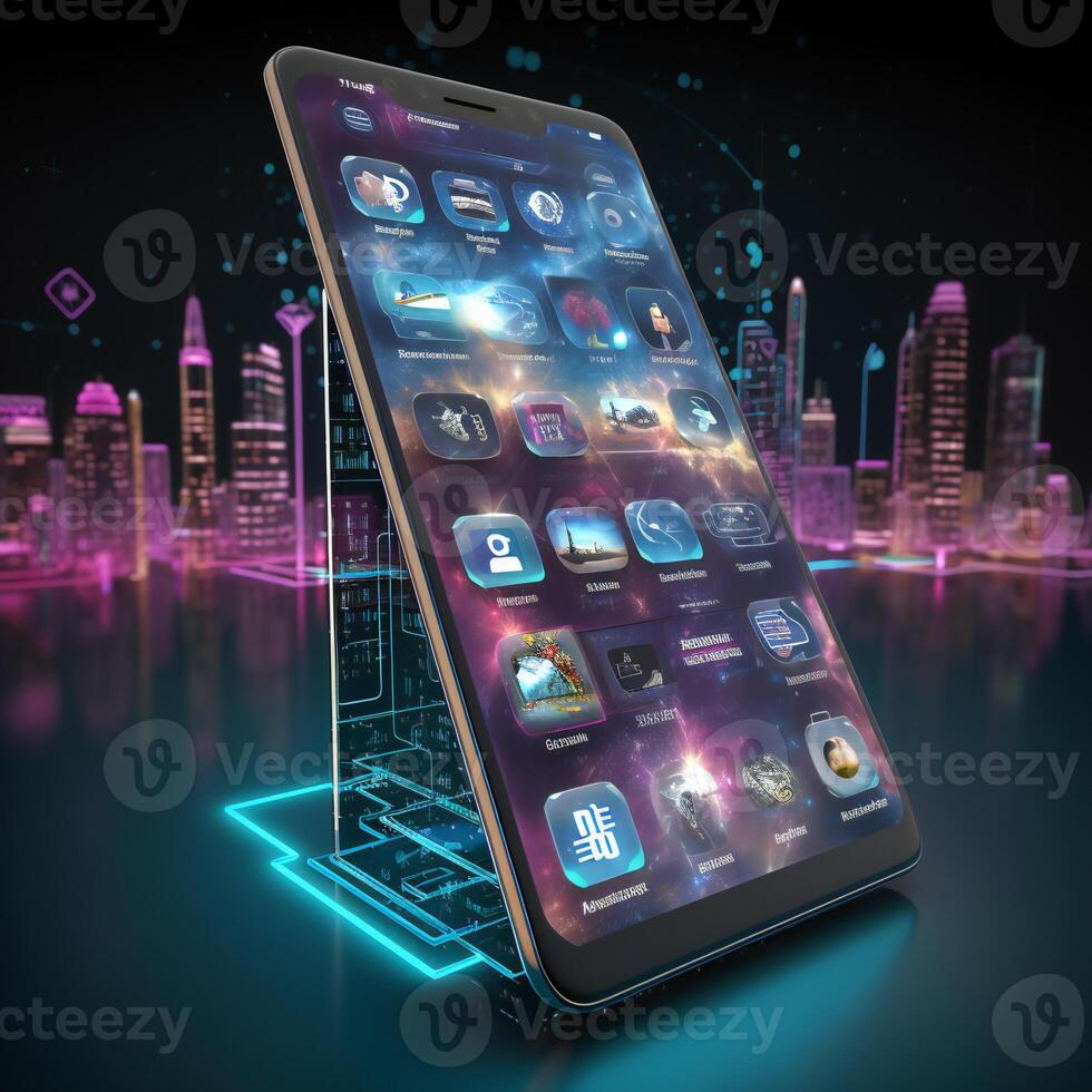 Modern smartphone with a vibrant social media feed photo