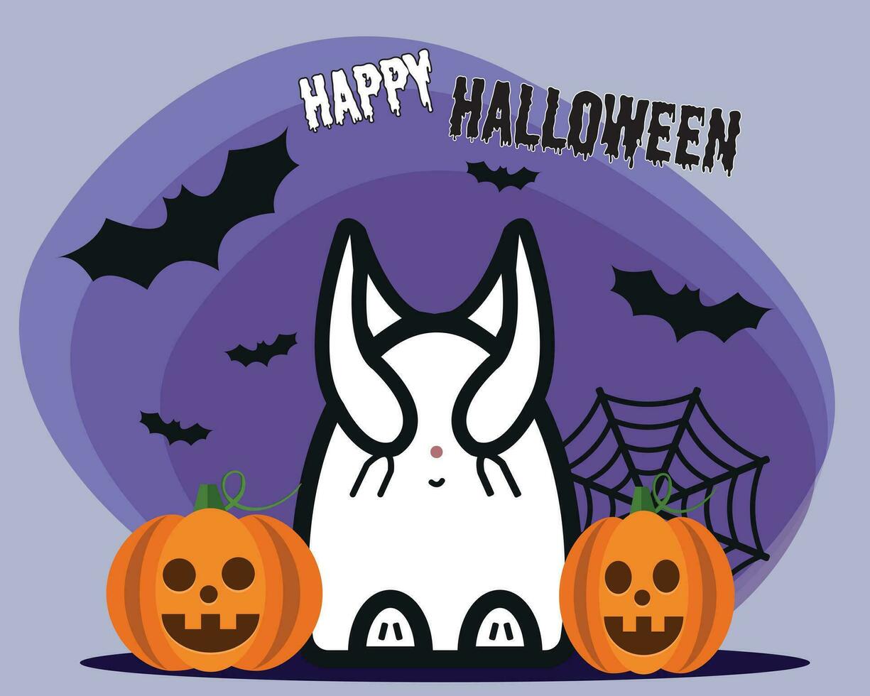 Happy Halloween. The bunny covered his eyes with his ears against a backdrop of bats, spider webs, and pumpkins. vector