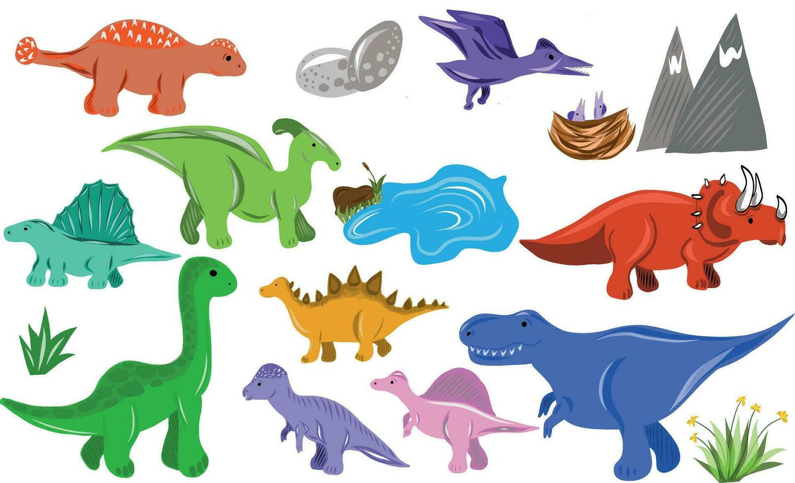 Vector illustration of dinosaurs including Stegosaurus, Brontosaurus, Triceratops, Tyrannosaurus rex, Spinosaurus, and Pterosaurs.