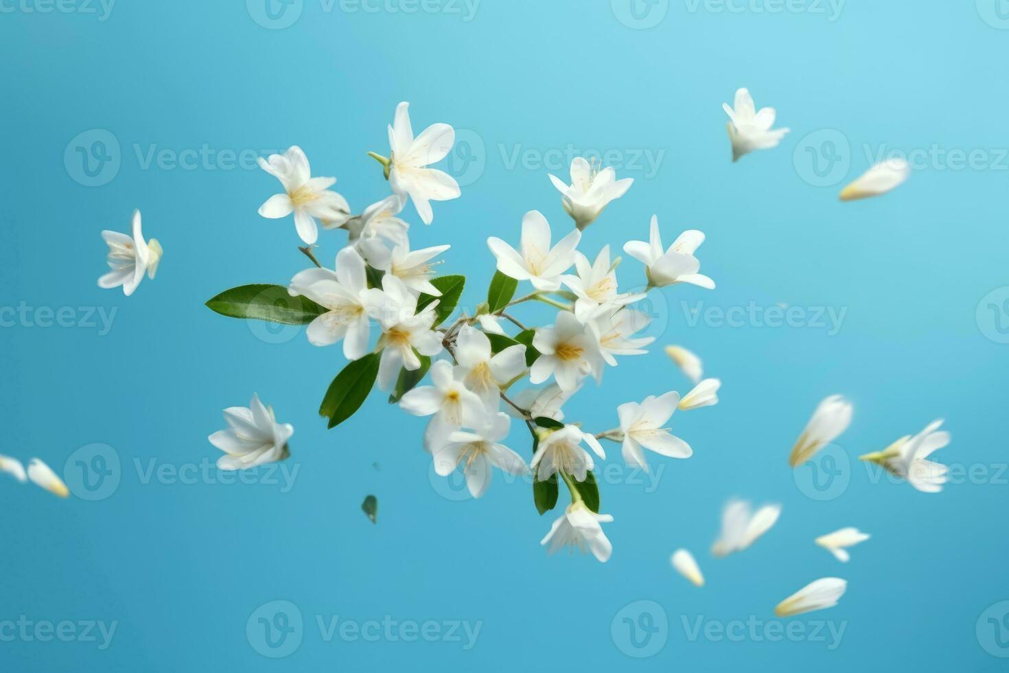 jazmín floración. un hermosa blanco flores de jazmín en azul antecedentes. ai generativo foto