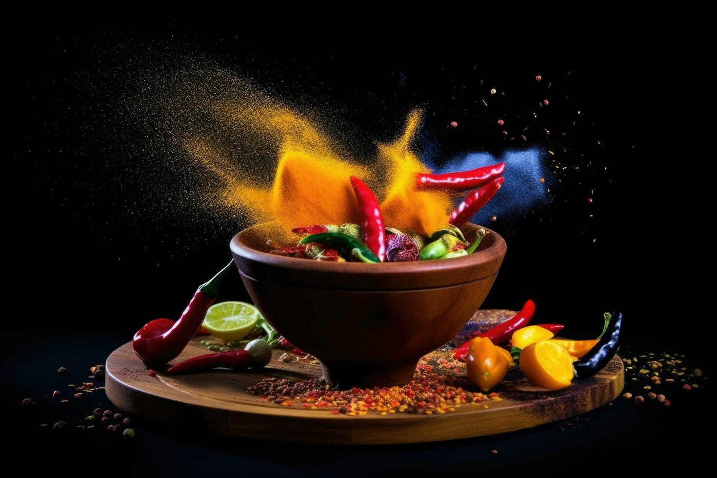 Colorful spices  in wooden bowl and peppers. Spices and seasonings powder splash. AI Generative photo