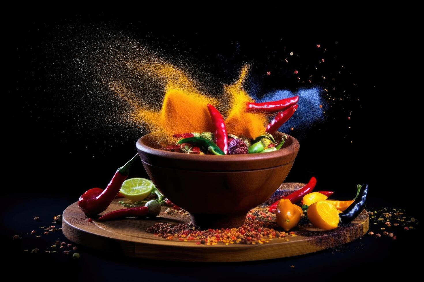 Colorful spices in wooden bowl and peppers. Spices and seasonings powder splash. photo