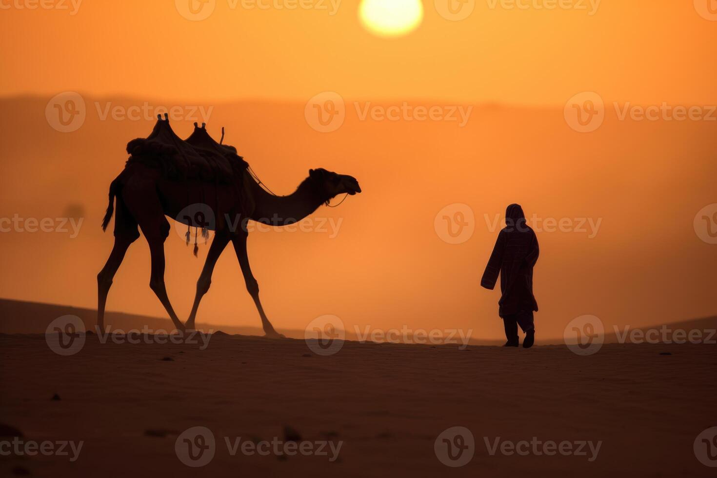 Silhouette man wearing traditional clothes, taking a camel out on the desert sand. AI Generative photo