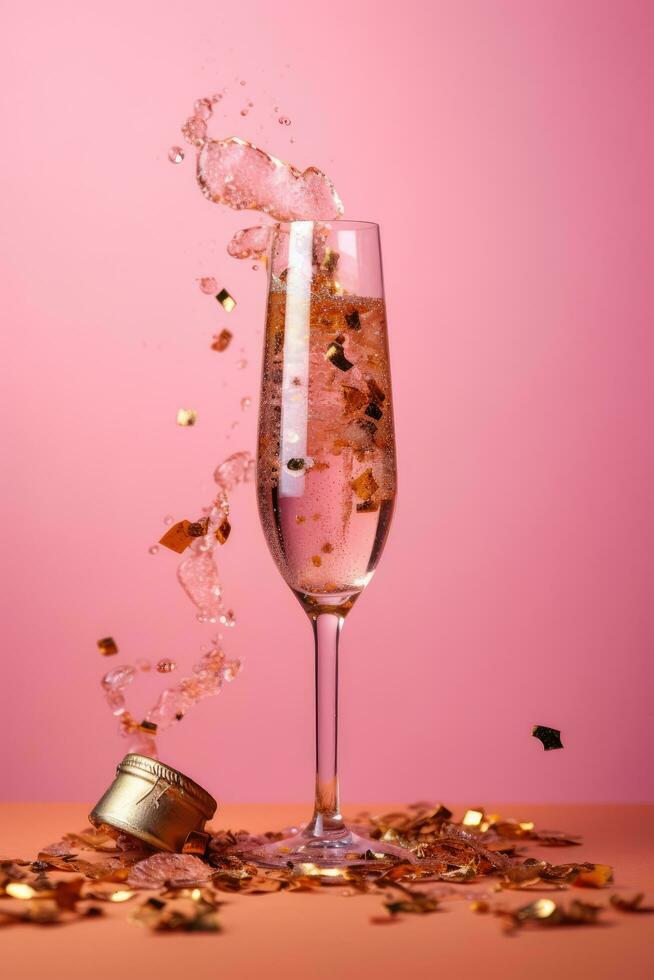 Champagne glass with confetti on pink background. AI Generative photo