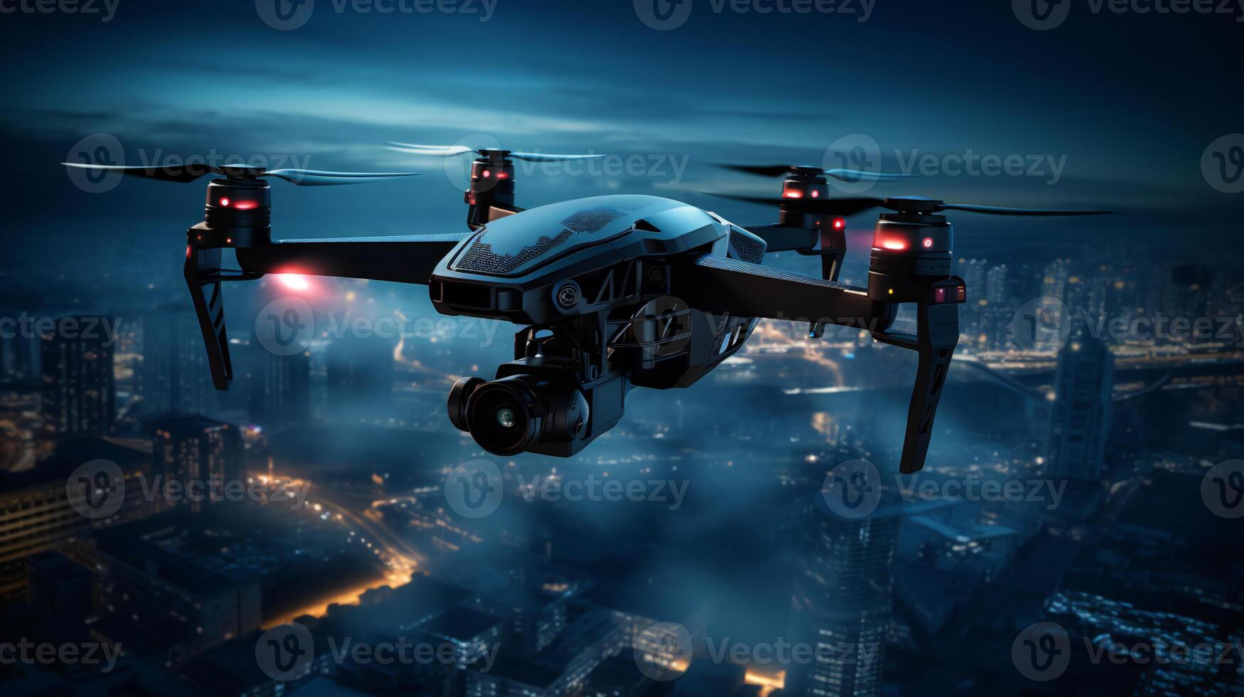Drone spaceship flying in the night sky photo