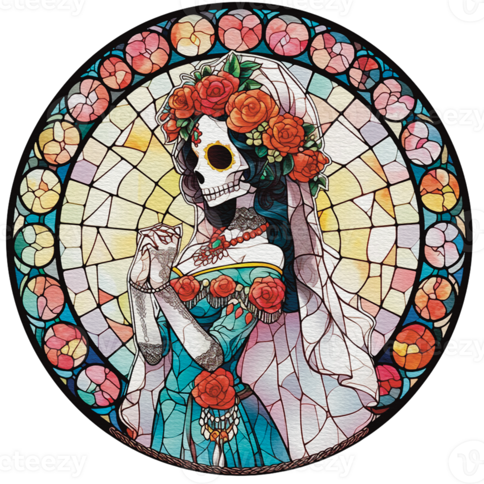 Vibrant Day of the Dead Stained Glass Illustration , png