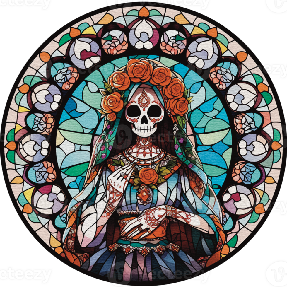 Vibrant Day of the Dead Stained Glass Illustration png, AI Generated png