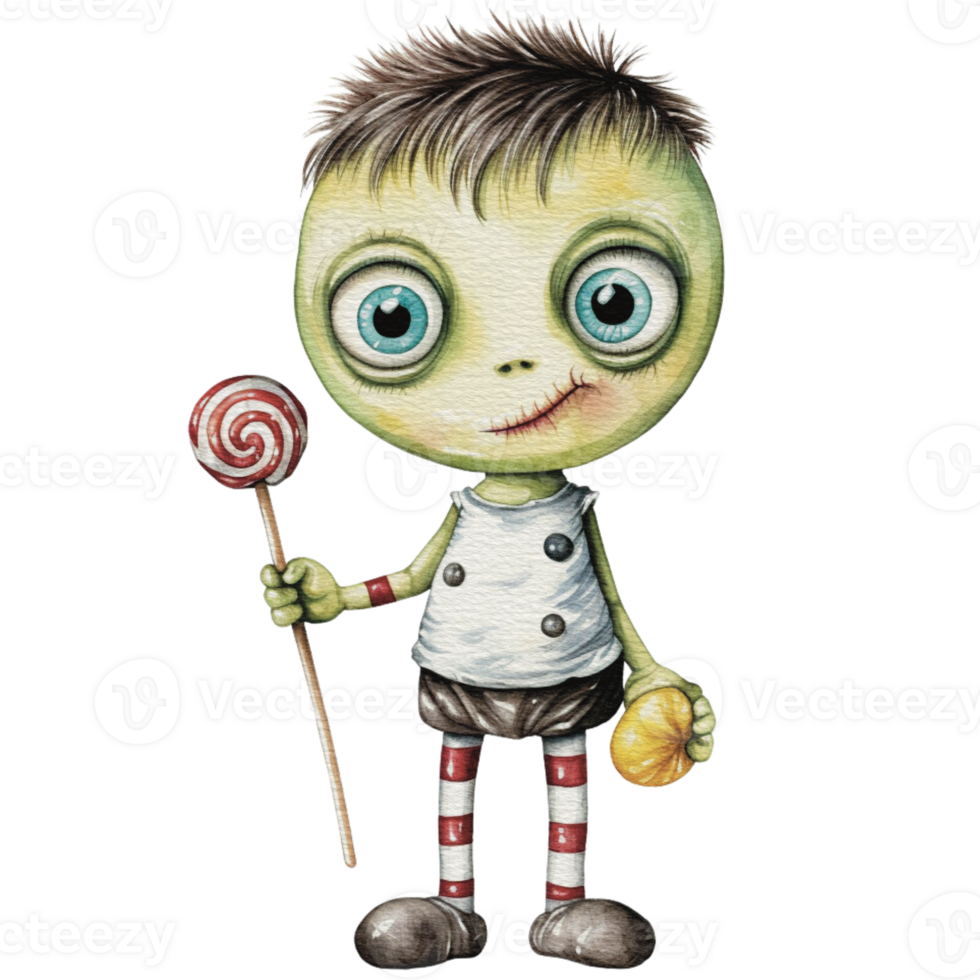 a baby monster on Halloween character holding a lollipop , png