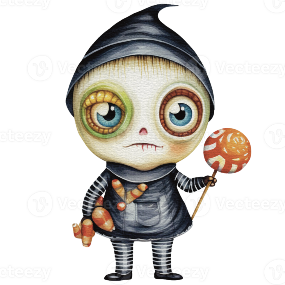 a baby monster on Halloween character holding a lollipop , png