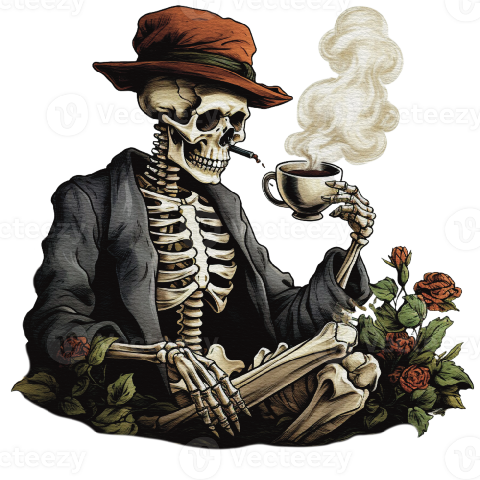skeleton smoking a pipe on transparent background png