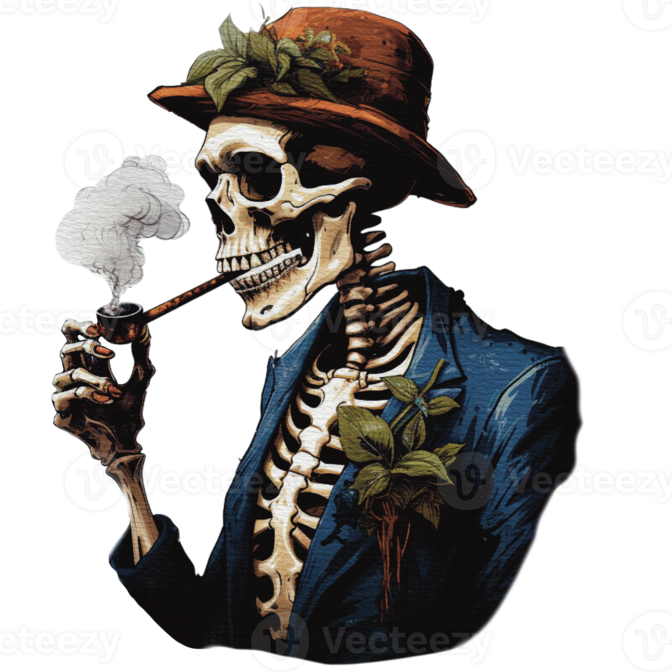skeleton smoking a pipe on transparent background png
